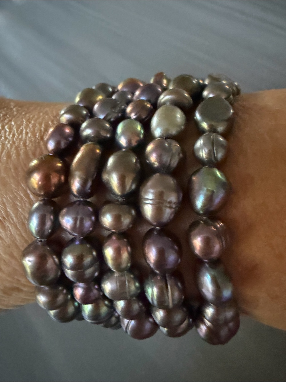 Freshwater Pearl Stretch Bracelets - Iridescent Peacock - Set of 5